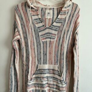 Rip Curl Cream Hooded V-Neck Sweater with Blue & Rust Stripes
